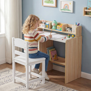 Kids Study Desk and Chair Set Wooden Children Writing Desk with Hutch and Storage Shelf for Arts-Natural view 3