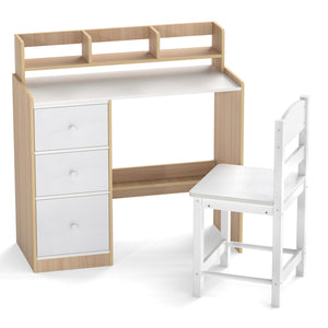 Kids Study Desk and Chair Set Wooden Children Writing Desk with Hutch and Storage Shelf for Arts-Natural view 4