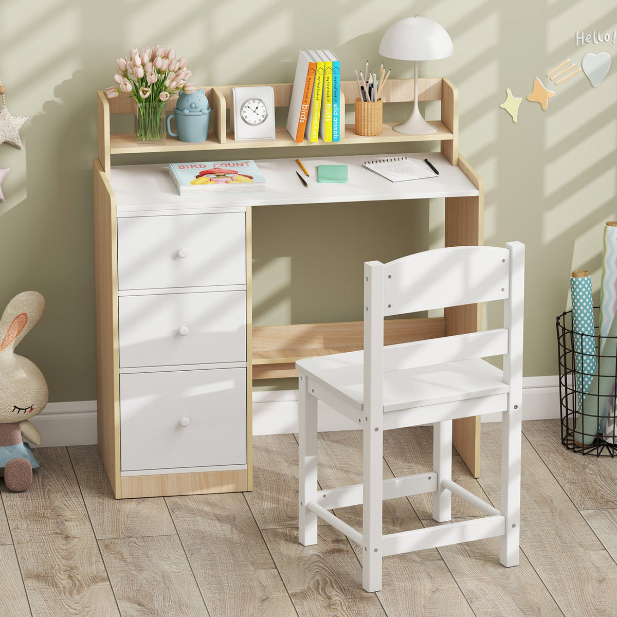 Kids Study Desk and Chair Set Wooden Children Writing Desk with Hutch and Storage Shelf for Arts-Natural view 6