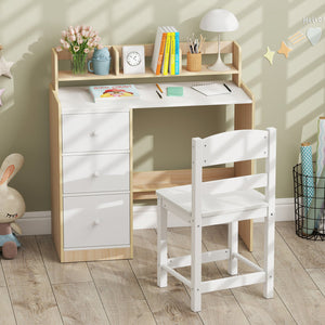 Kids Study Desk and Chair Set Wooden Children Writing Desk with Hutch and Storage Shelf for Arts-Natural view 6
