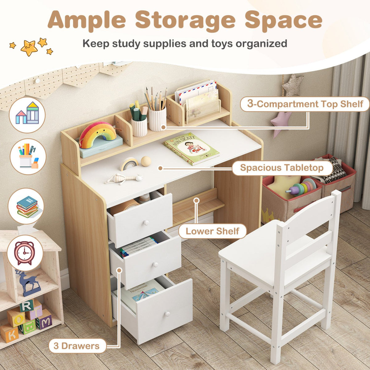 Kids Study Desk and Chair Set Wooden Children Writing Desk with Hutch and Storage Shelf for Arts-Natural view 8