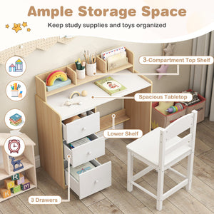 Kids Study Desk and Chair Set Wooden Children Writing Desk with Hutch and Storage Shelf for Arts-Natural view 8