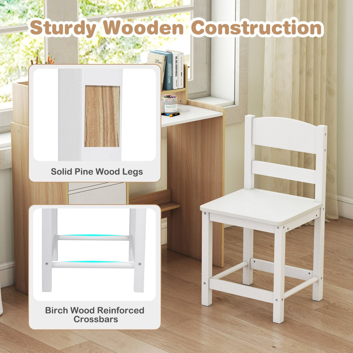 Kids Study Desk and Chair Set Wooden Children Writing Desk with Hutch and Storage Shelf for Arts-Natural view 9