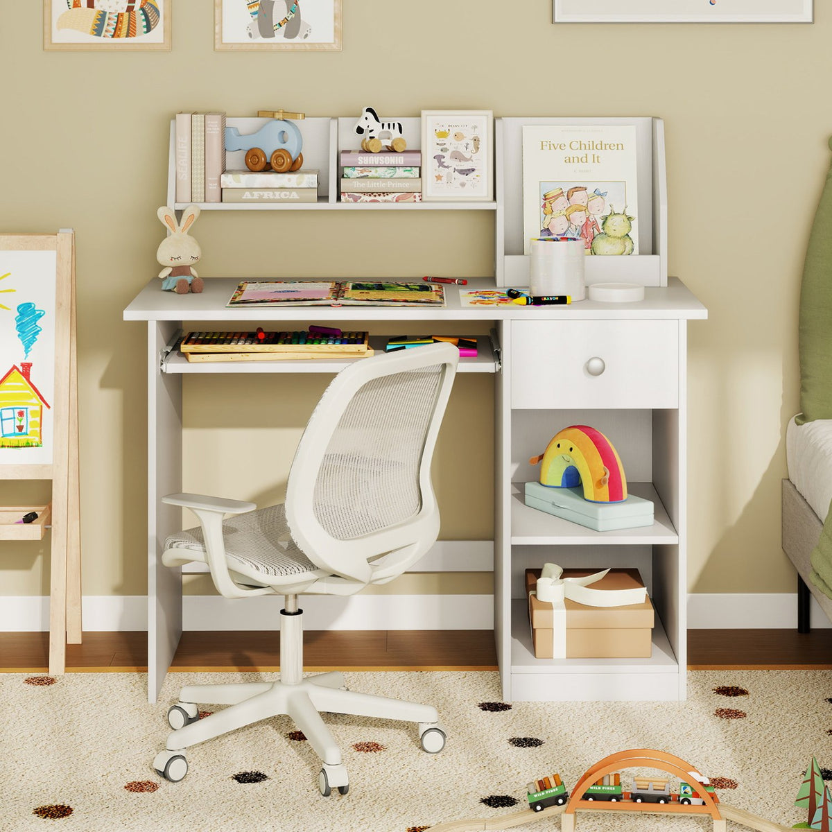 Kids Study Desk Children Writing Table with Hutch Drawer Shelves and Keyboard Tray-White view 2