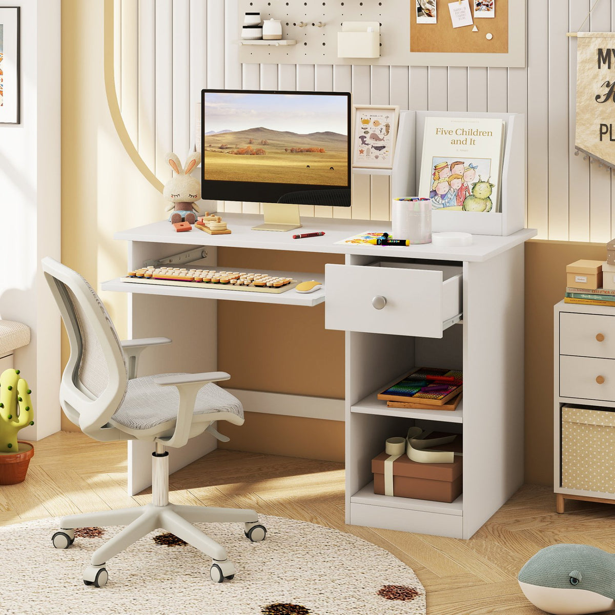 Kids Study Desk Children Writing Table with Hutch Drawer Shelves and Keyboard Tray-White view 3