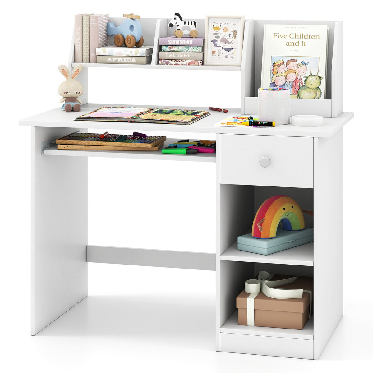 Kids Study Desk Children Writing Table with Hutch Drawer Shelves and Keyboard Tray-White view 4