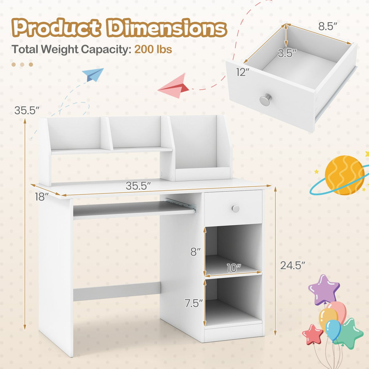 Kids Study Desk Children Writing Table with Hutch Drawer Shelves and Keyboard Tray-White view 5