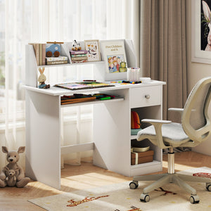 Kids Study Desk Children Writing Table with Hutch Drawer Shelves and Keyboard Tray-White view 6