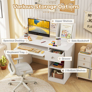 Kids Study Desk Children Writing Table with Hutch Drawer Shelves and Keyboard Tray-White view 7