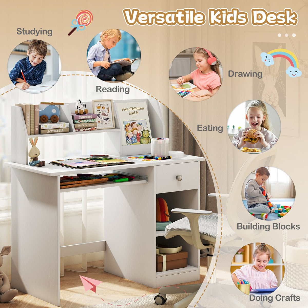 Kids Study Desk Children Writing Table with Hutch Drawer Shelves and Keyboard Tray-White view 9