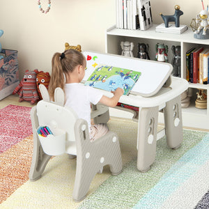 Kids Table and Chair Set with Flip-Top Bookshelf-Gray view 2