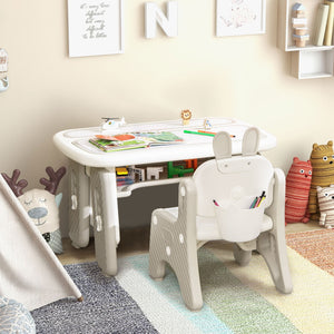 Kids Table and Chair Set with Flip-Top Bookshelf-Gray view 3