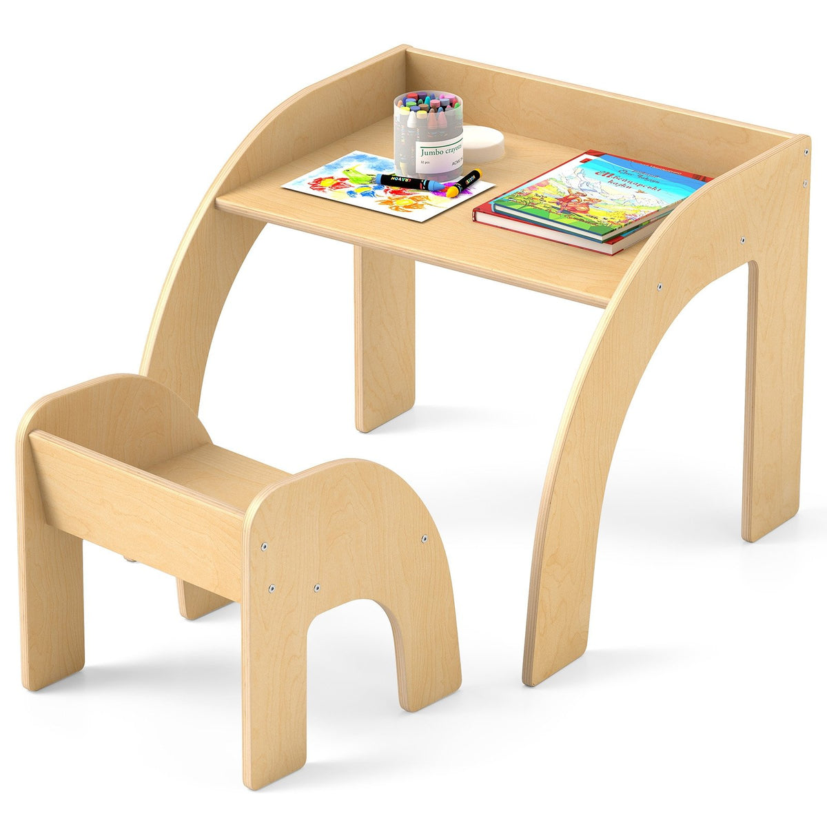 Kids Table and Chair Set with Wide Tabletop and Curved Edges for Kids Room-Natural