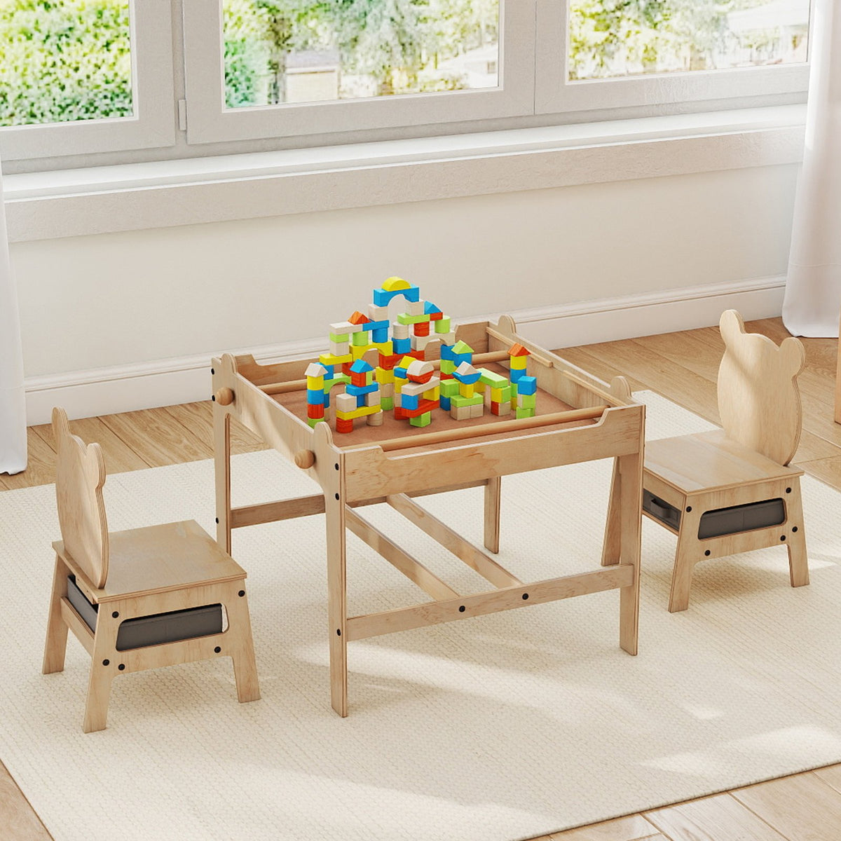 Kids Table and Chairs Set with Reversible Whiteboard-Panda-shaped view 2