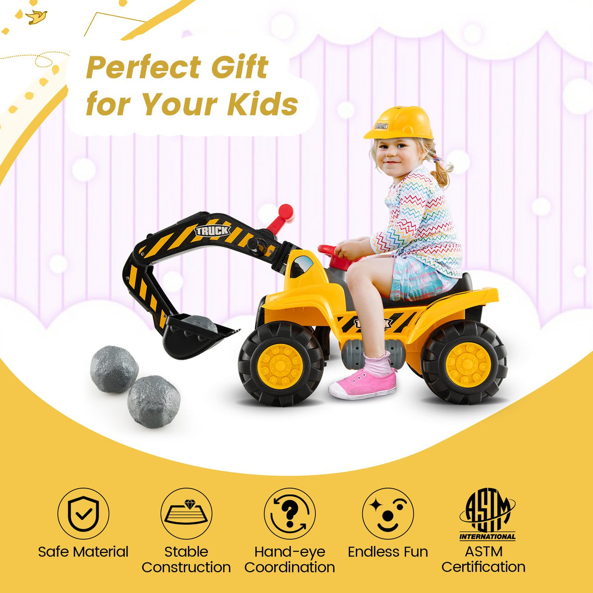 Ride on Push Car Bulldozer Digger Toy with Safety Helmet and Working Shovel view 5