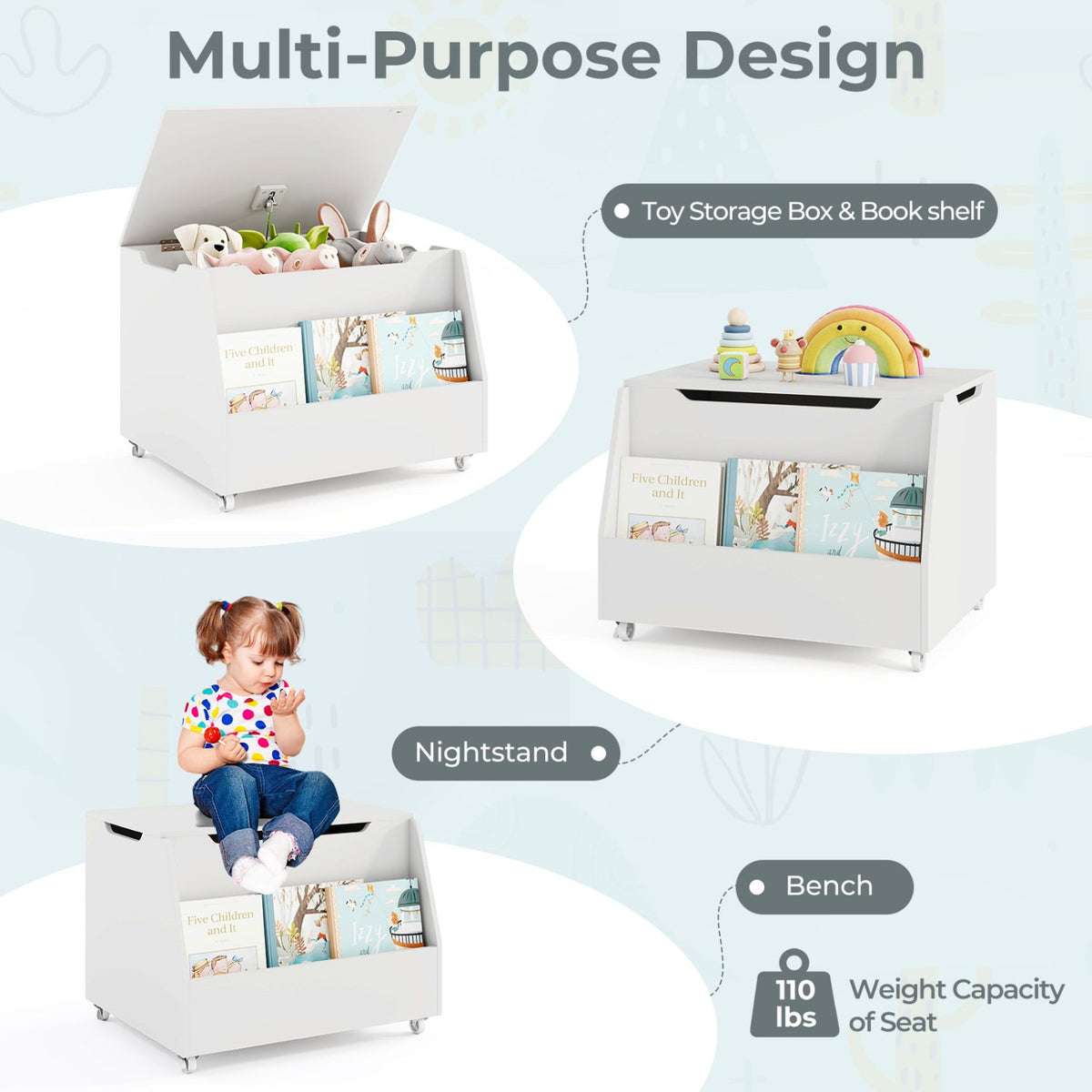 Wooden Mobile Toy Storage Organizer with Bookshelf and Lockable Wheels-White view 6