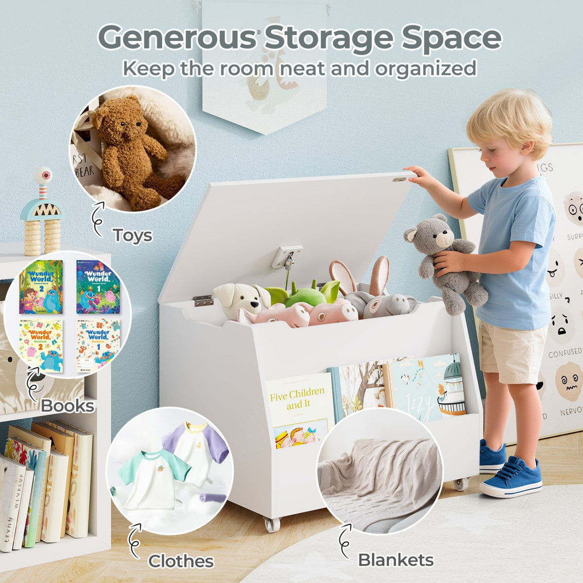 Wooden Mobile Toy Storage Organizer with Bookshelf and Lockable Wheels-White view 7