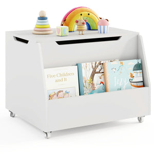 Wooden Mobile Toy Storage Organizer with Bookshelf and Lockable Wheels-White view 4