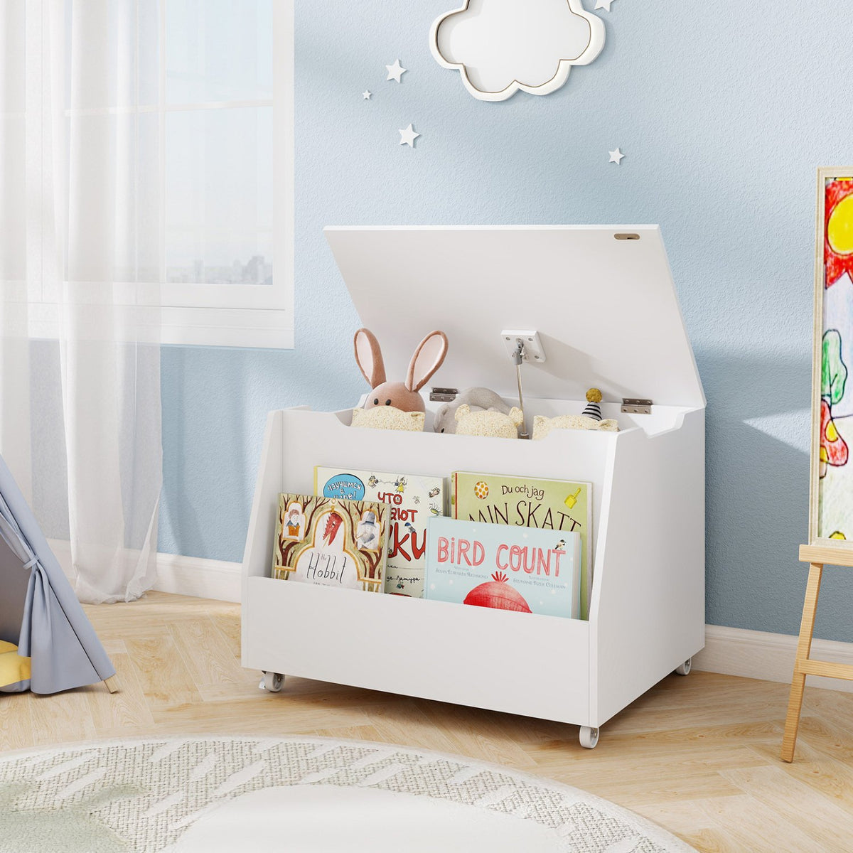 Wooden Mobile Toy Storage Organizer with Bookshelf and Lockable Wheels-White view 2