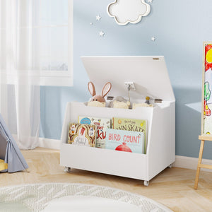Wooden Mobile Toy Storage Organizer with Bookshelf and Lockable Wheels-White view 2