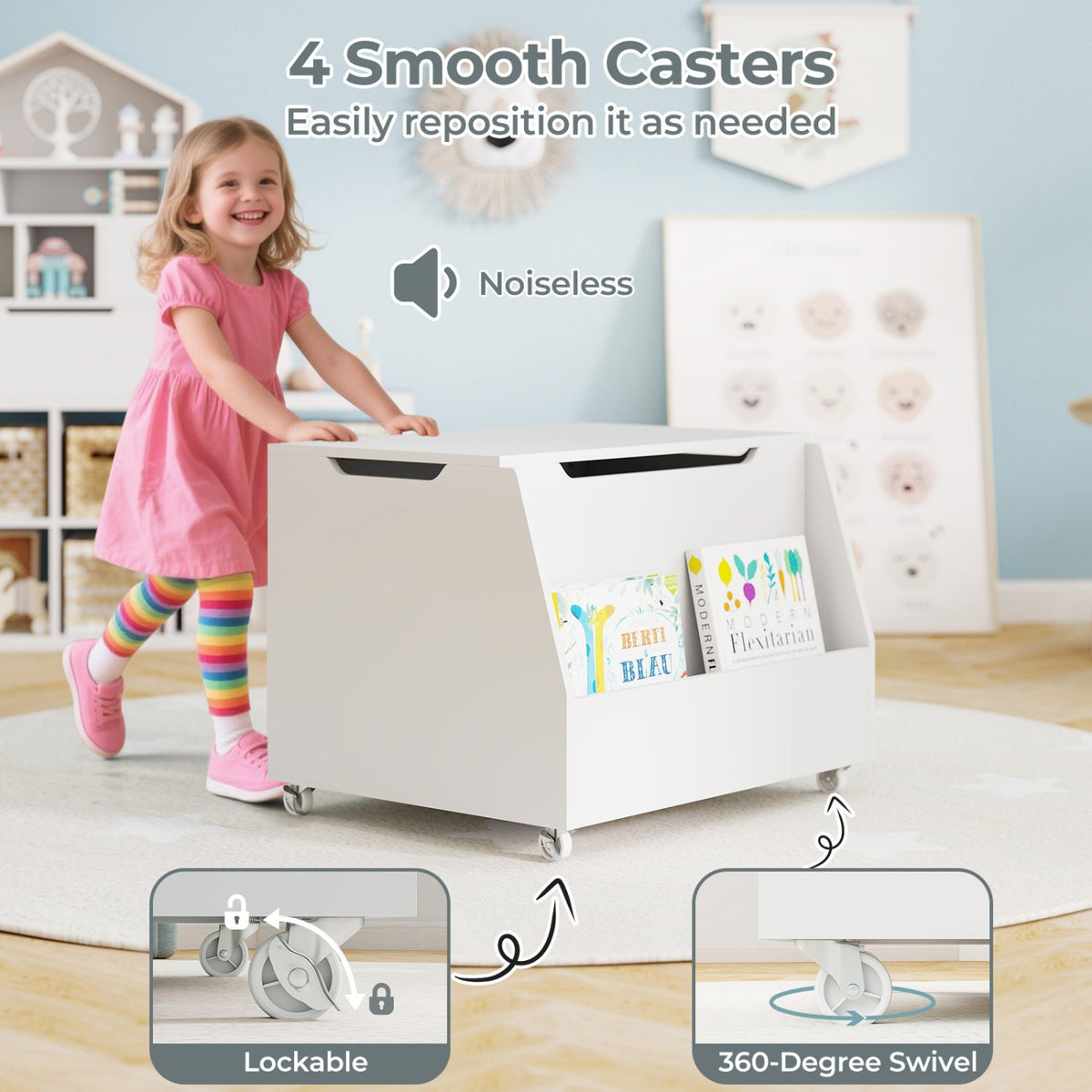 Wooden Mobile Toy Storage Organizer with Bookshelf and Lockable Wheels-White view 8