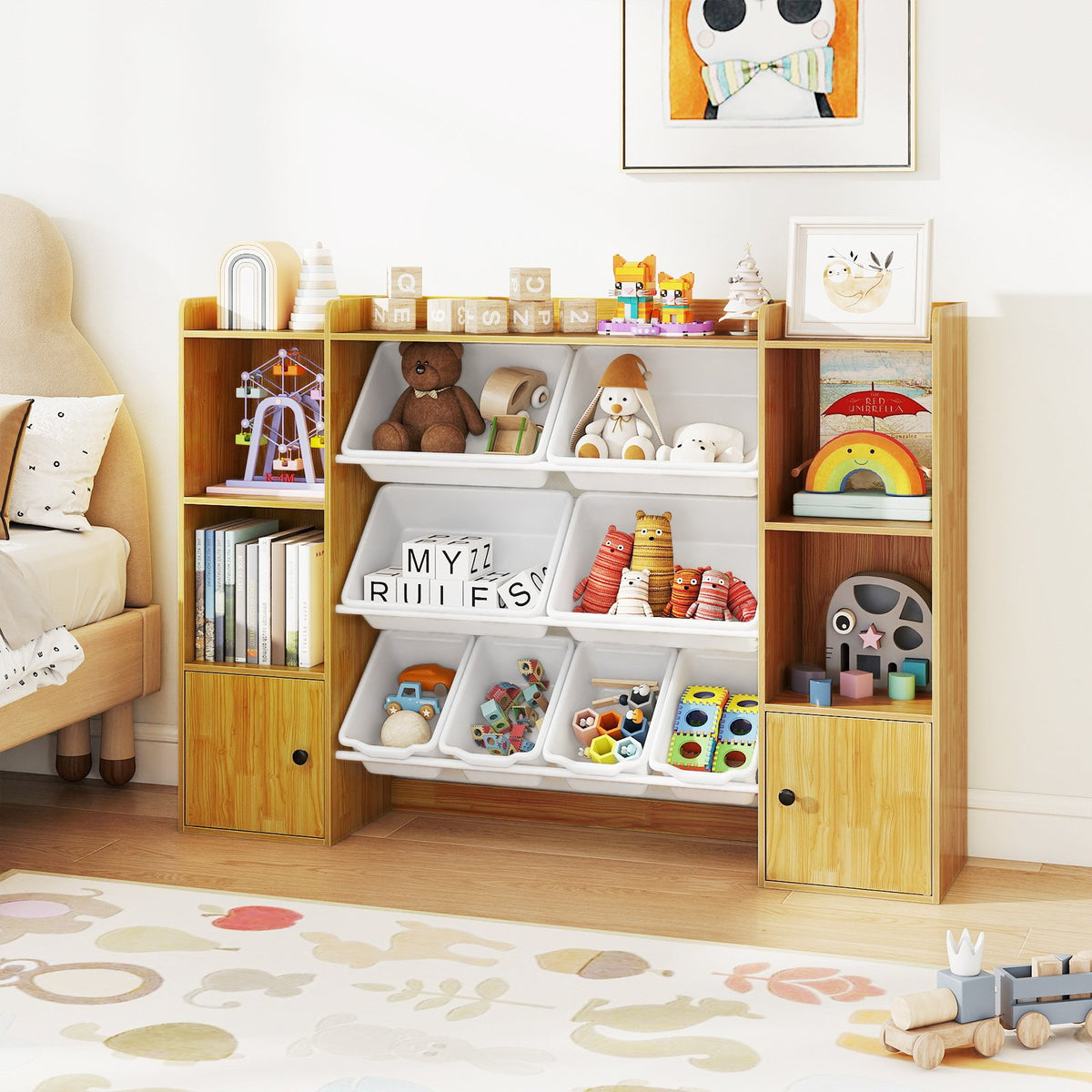 Kids Toy Storage and Bookshelf with Boxes and Open Shelves-Beige view 2