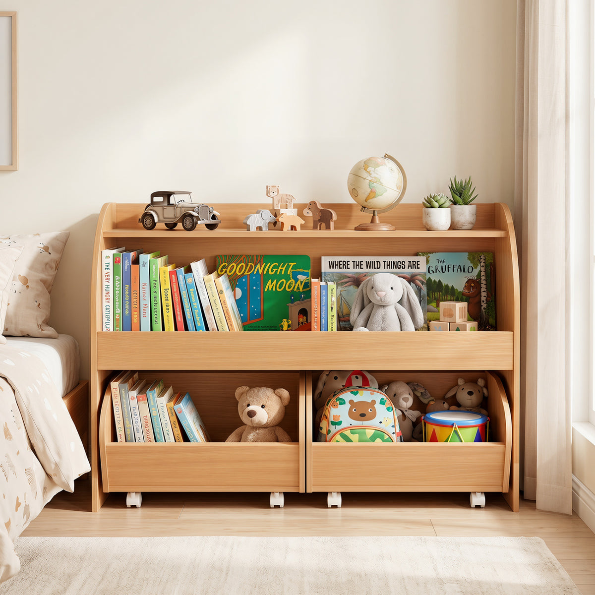 Kids Toy Storage Organizer with 2 Rolling Drawers & 3-Tier Bookshelf for Playroom-Natural view 3