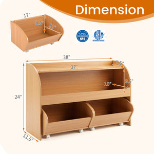 Kids Toy Storage Organizer with 2 Rolling Drawers & 3-Tier Bookshelf for Playroom-Natural view 5