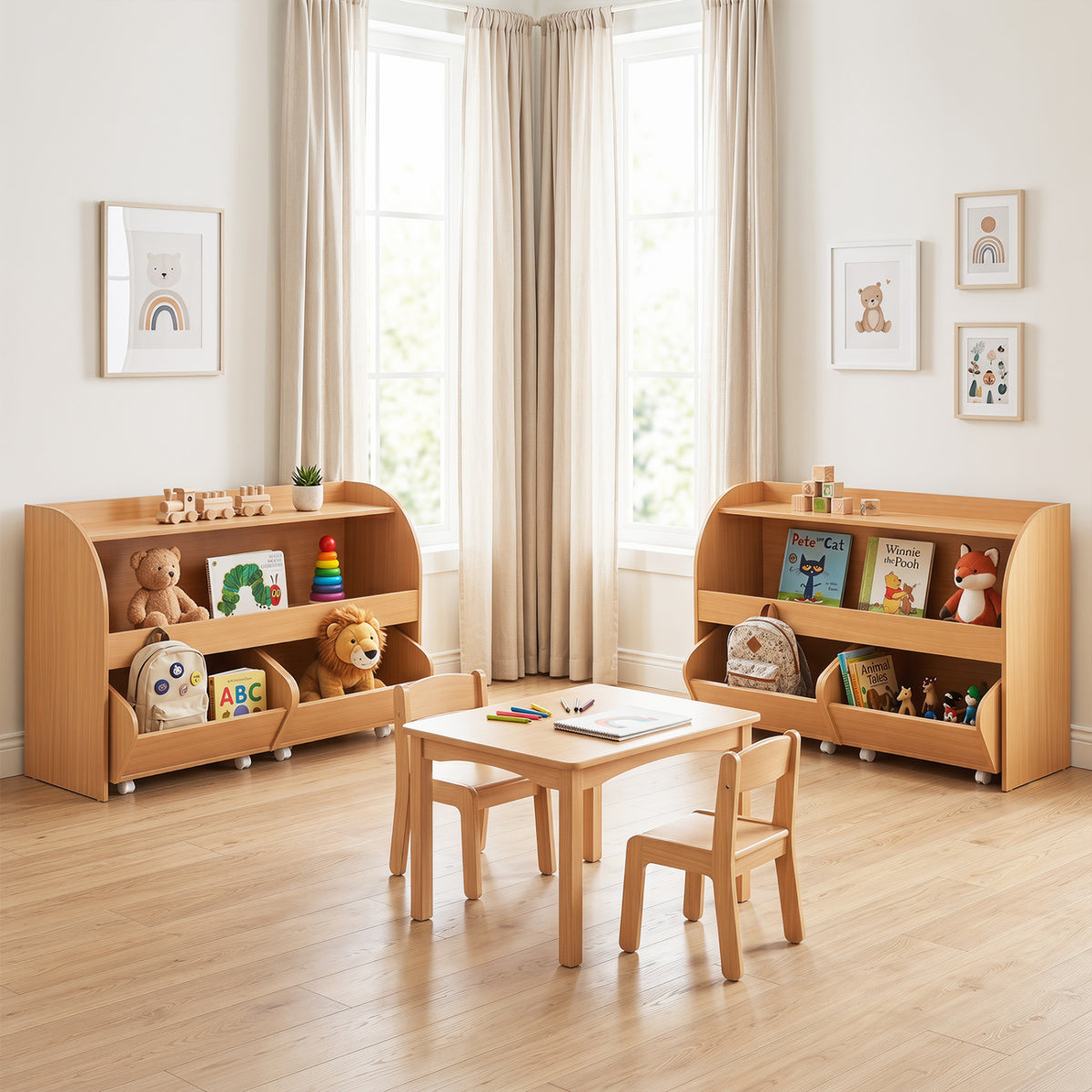 Kids Toy Storage Organizer with 2 Rolling Drawers & 3-Tier Bookshelf for Playroom-Natural view 6