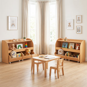 Kids Toy Storage Organizer with 2 Rolling Drawers & 3-Tier Bookshelf for Playroom-Natural view 6
