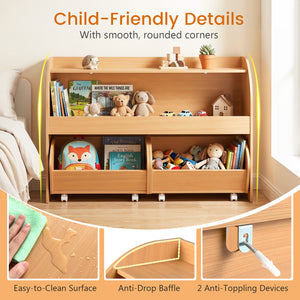 Kids Toy Storage Organizer with 2 Rolling Drawers & 3-Tier Bookshelf for Playroom-Natural view 7