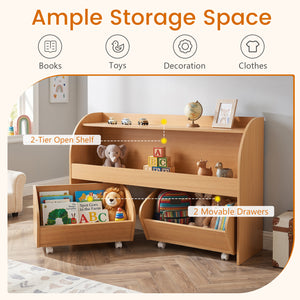Kids Toy Storage Organizer with 2 Rolling Drawers & 3-Tier Bookshelf for Playroom-Natural view 8