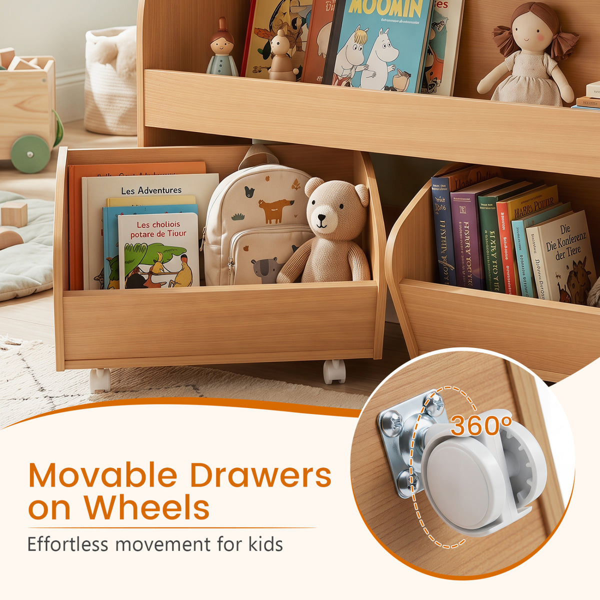 Kids Toy Storage Organizer with 2 Rolling Drawers & 3-Tier Bookshelf for Playroom-Natural view 9