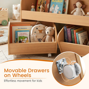 Kids Toy Storage Organizer with 2 Rolling Drawers & 3-Tier Bookshelf for Playroom-Natural view 9