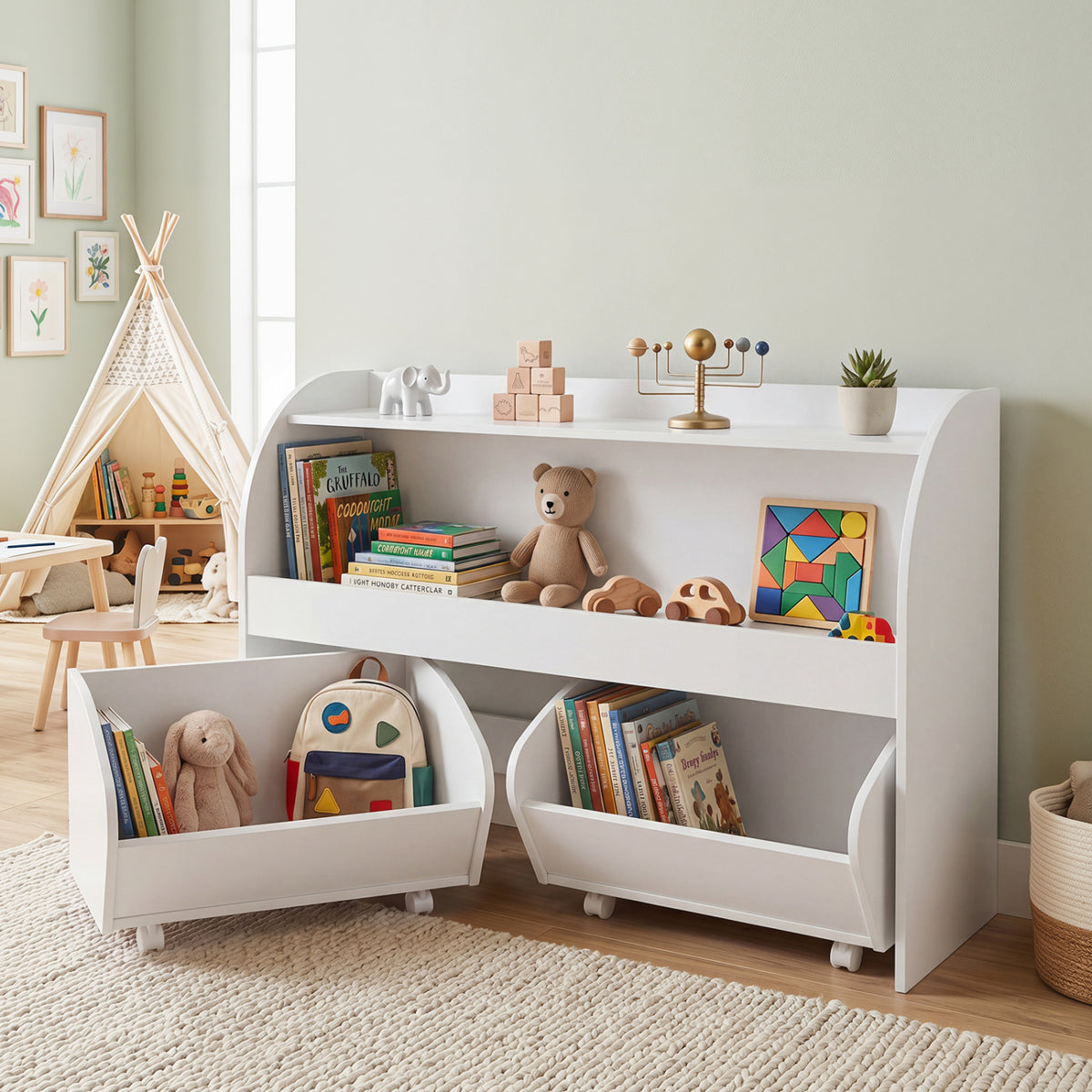 Kids Toy Storage Organizer with 2 Rolling Drawers & 3-Tier Bookshelf for Playroom-White view 2