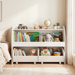 Kids Toy Storage Organizer with 2 Rolling Drawers & 3-Tier Bookshelf for Playroom-White view 3