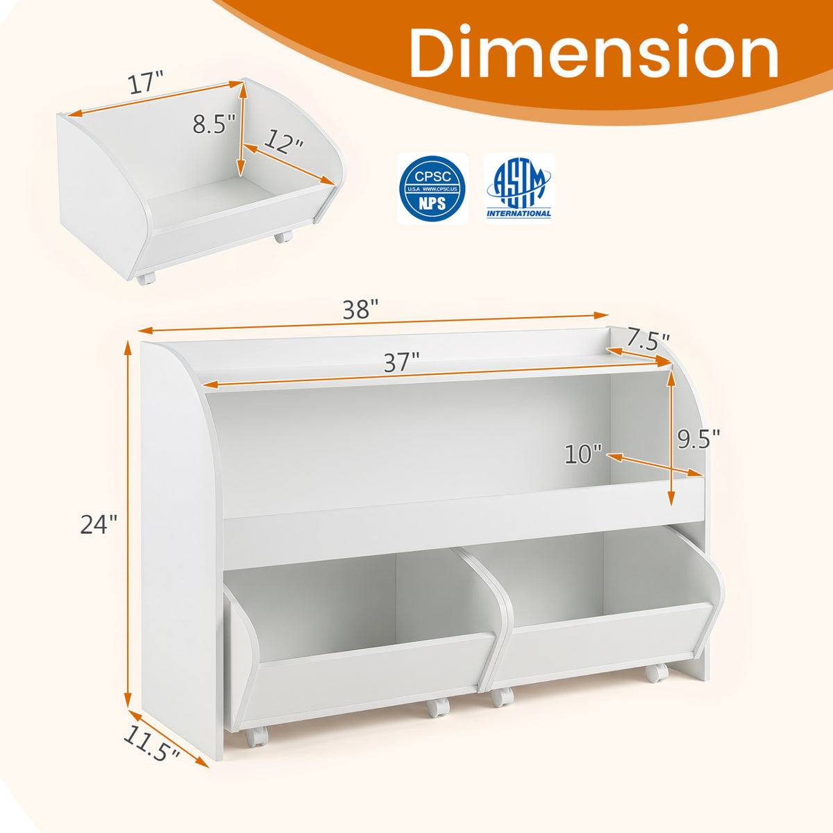 Kids Toy Storage Organizer with 2 Rolling Drawers & 3-Tier Bookshelf for Playroom-White view 5