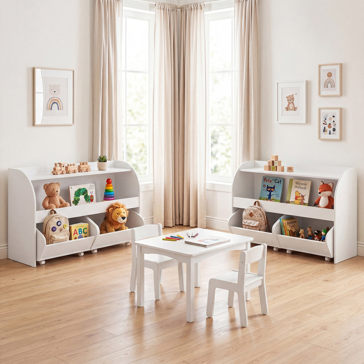 Kids Toy Storage Organizer with 2 Rolling Drawers & 3-Tier Bookshelf for Playroom-White view 6