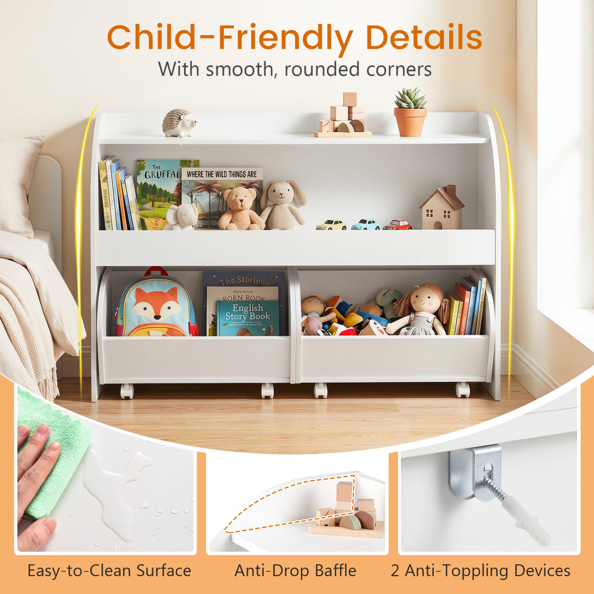 Kids Toy Storage Organizer with 2 Rolling Drawers & 3-Tier Bookshelf for Playroom-White view 7