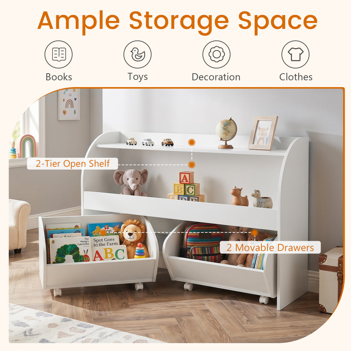 Kids Toy Storage Organizer with 2 Rolling Drawers & 3-Tier Bookshelf for Playroom-White view 8
