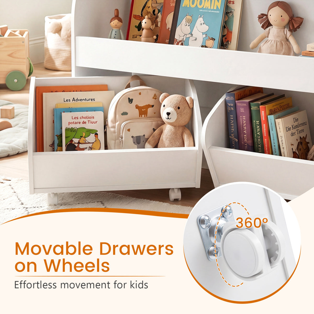 Kids Toy Storage Organizer with 2 Rolling Drawers & 3-Tier Bookshelf for Playroom-White view 9