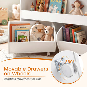 Kids Toy Storage Organizer with 2 Rolling Drawers & 3-Tier Bookshelf for Playroom-White view 9