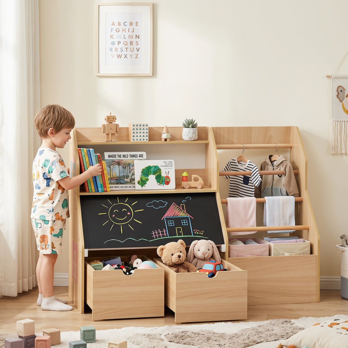 Kids Toy Storage Organizer with Flip-up Blackboard-Natural view 2