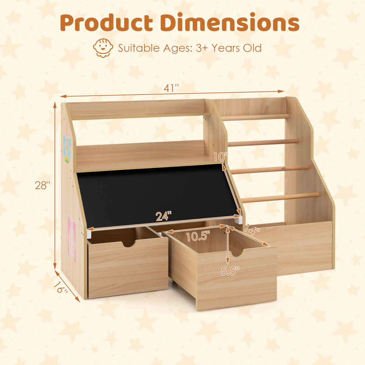 Kids Toy Storage Organizer with Flip-up Blackboard-Natural view 4