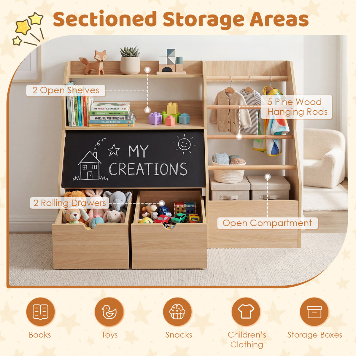 Kids Toy Storage Organizer with Flip-up Blackboard-Natural view 6