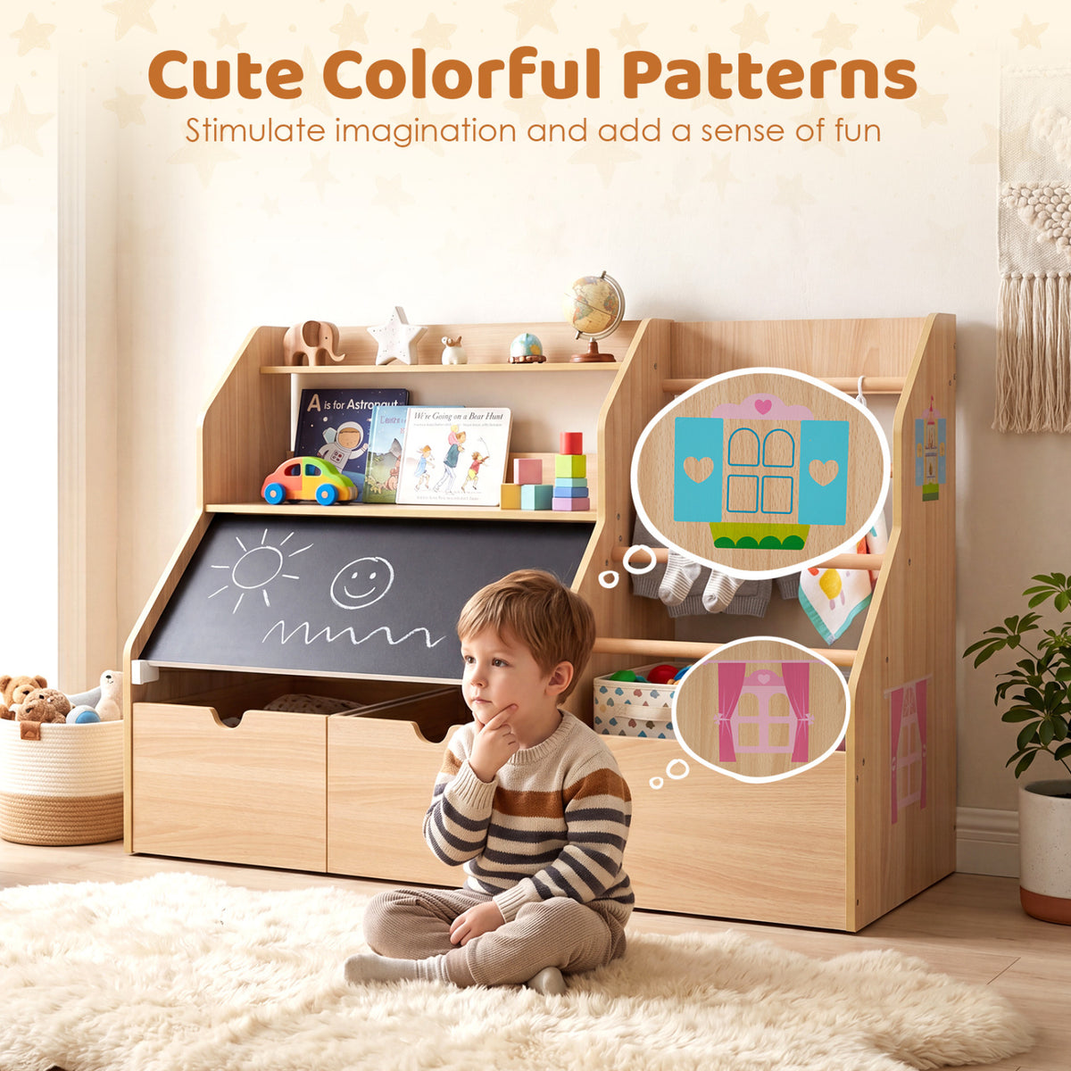 Kids Toy Storage Organizer with Flip-up Blackboard-Natural view 9