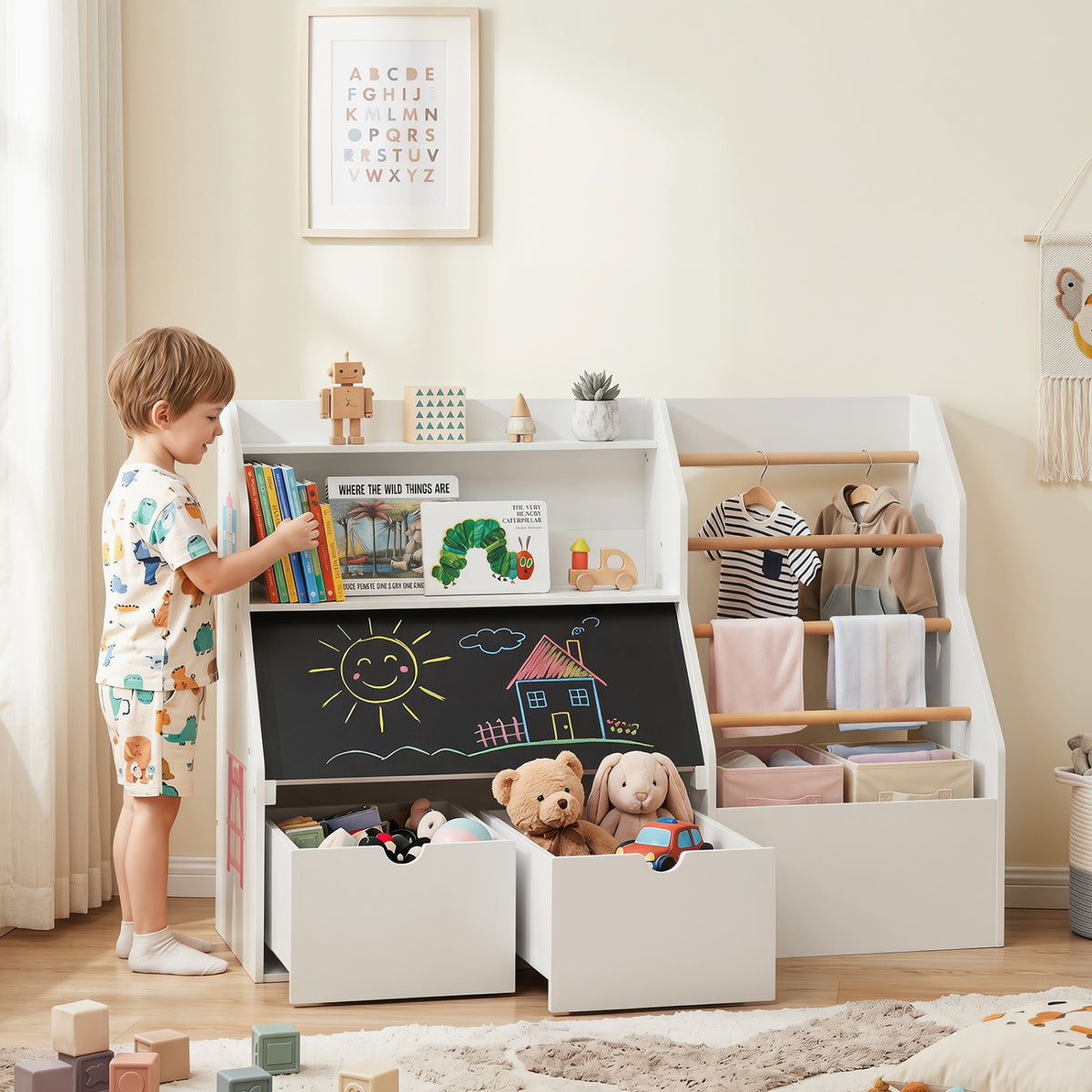 Kids Toy Storage Organizer with Flip-up Blackboard-White view 2