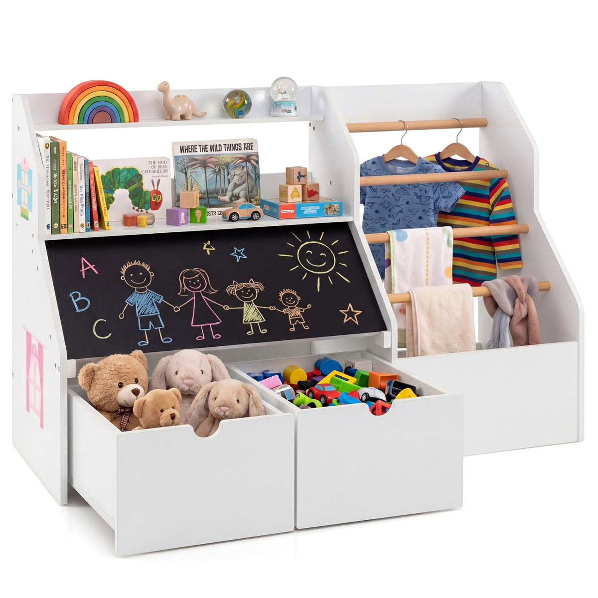 Kids Toy Storage Organizer with Flip-up Blackboard-White view 3