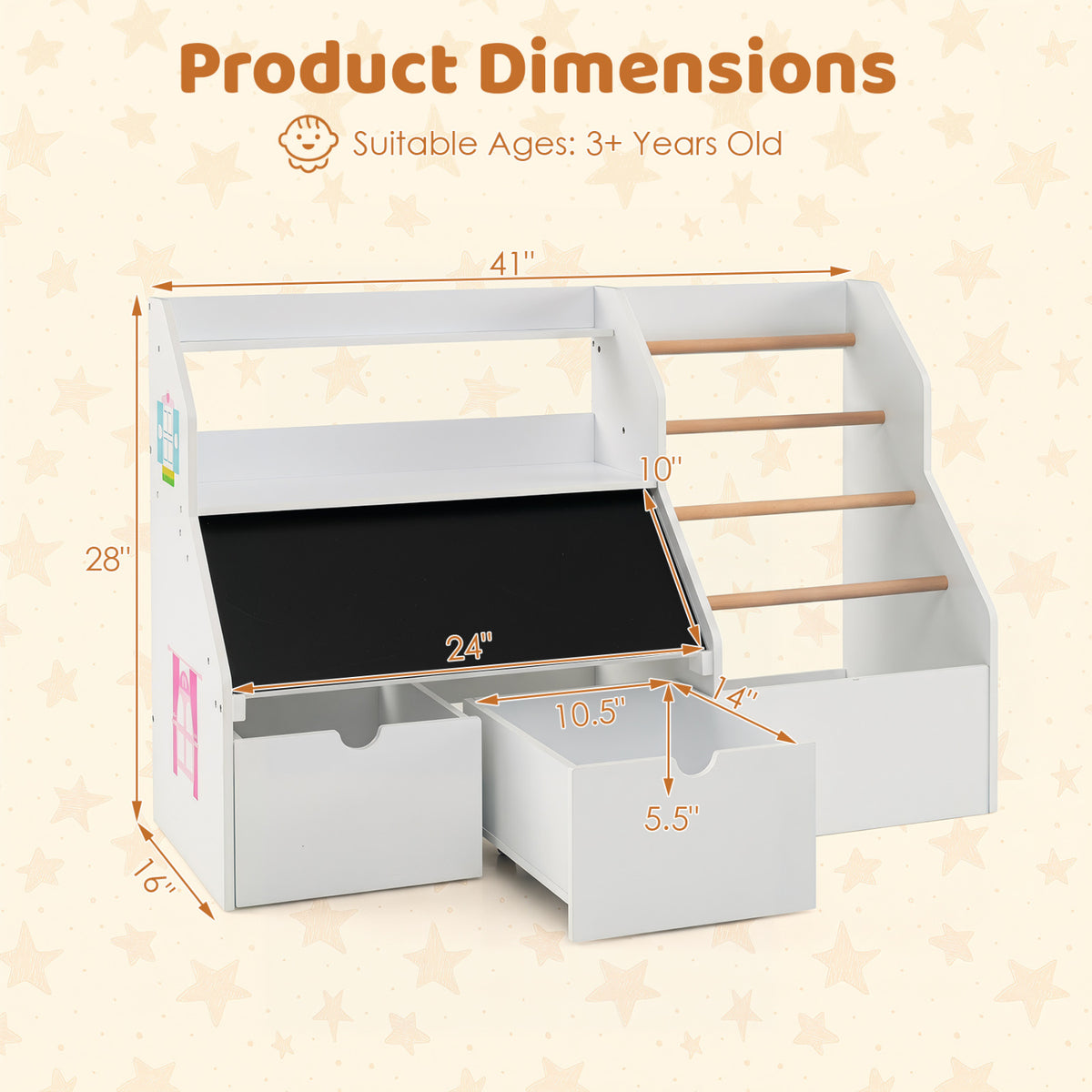Kids Toy Storage Organizer with Flip-up Blackboard-White view 4