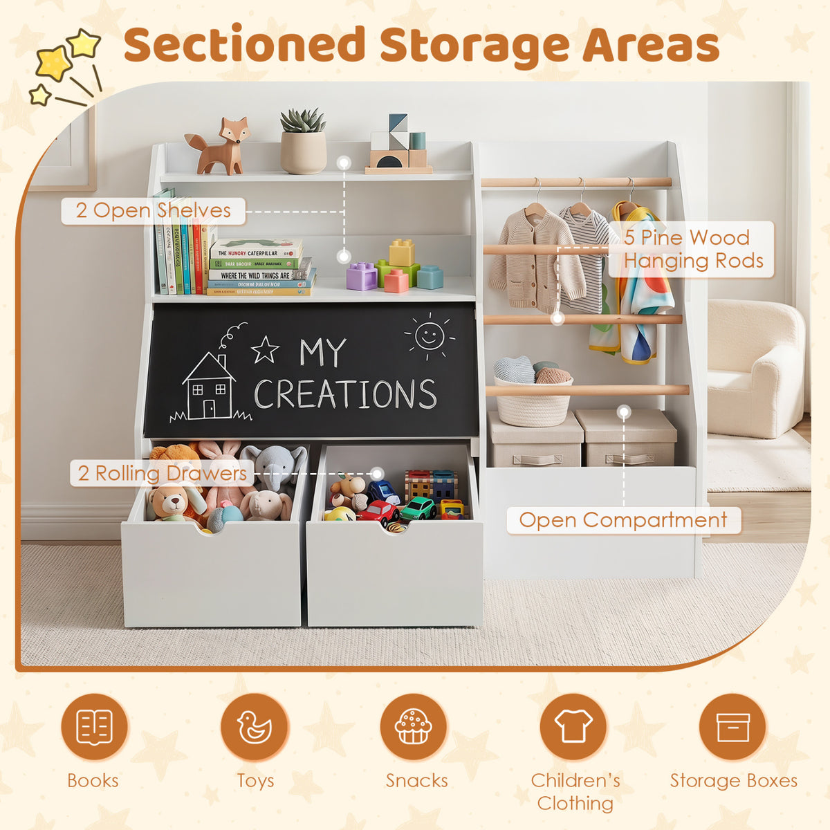 Kids Toy Storage Organizer with Flip-up Blackboard-White view 5